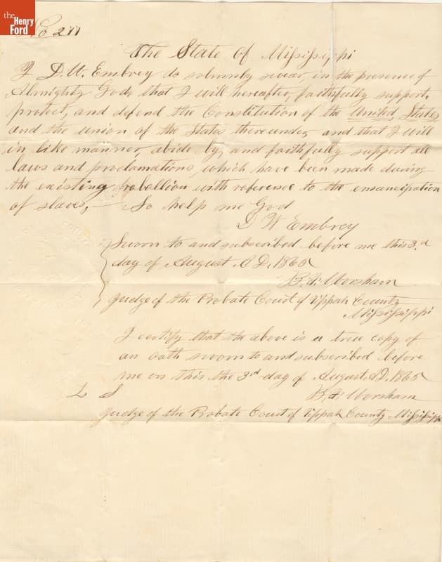 Loyalty Oath to the United States of America, August 3, 1865