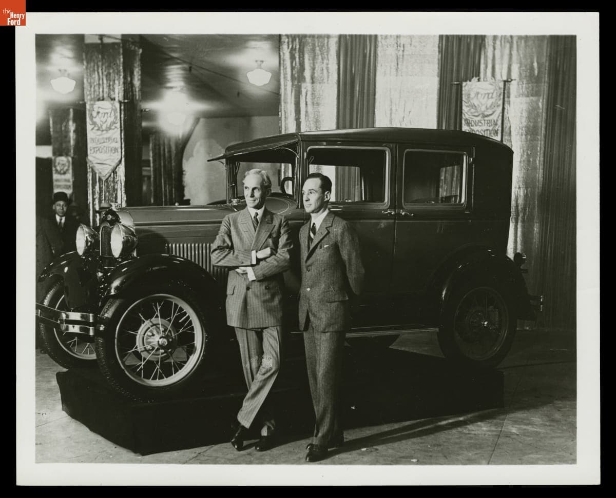 Henry Ford and Edsel Ford with Ford Model A Fordor Sedan, New York Industrial Exposition, 1928