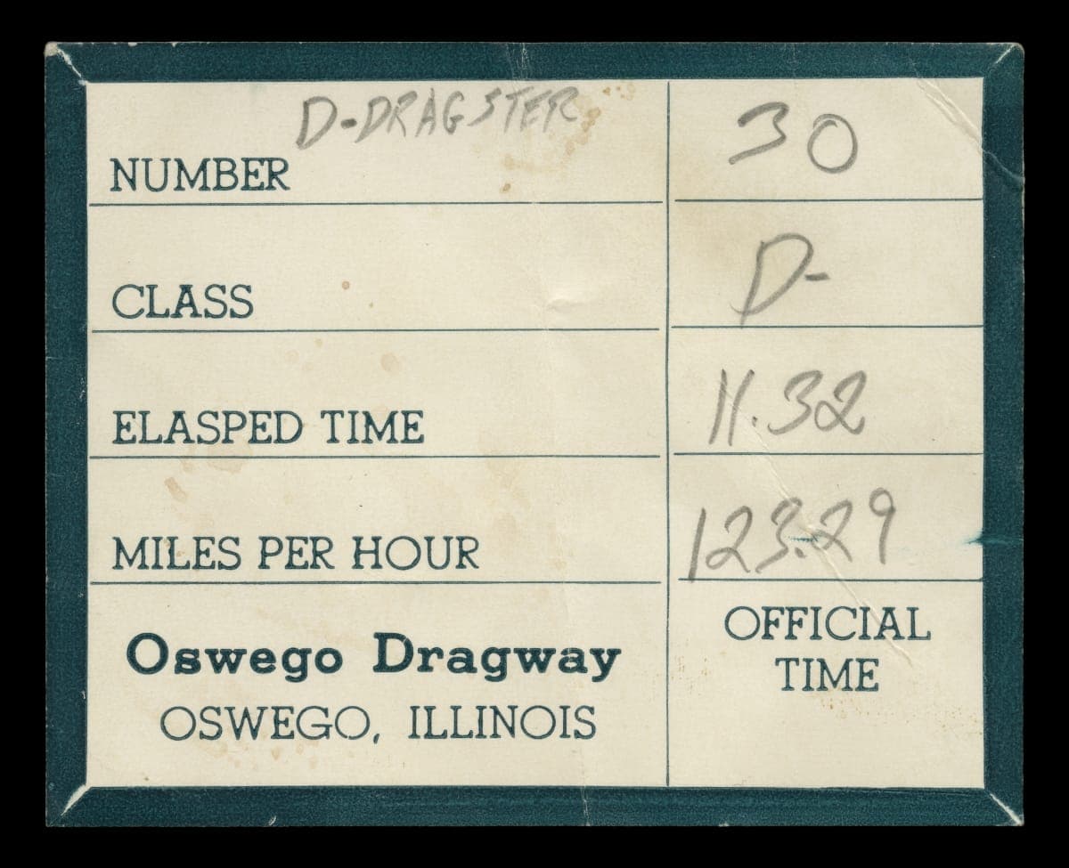 Timing Slip From Oswego Dragway, Used with Buck & Thompson Slingshot Dragster, 1963