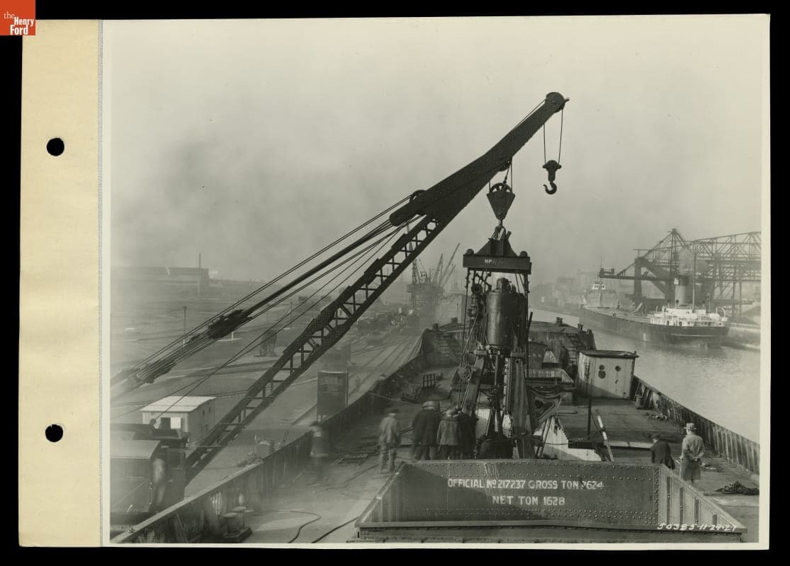 Removing Engine from Salvage Ship at Ford Motor Company Rouge Plant Shipyard, 1927