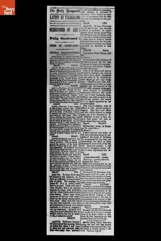 Newspaper Report of Official Correspondence, "Surrender of Lee!," April 9, 1865