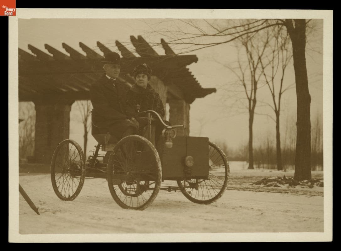 Henry Ford and Clara Ford at Fair Lane in the 1896 Quadricycle, 1918