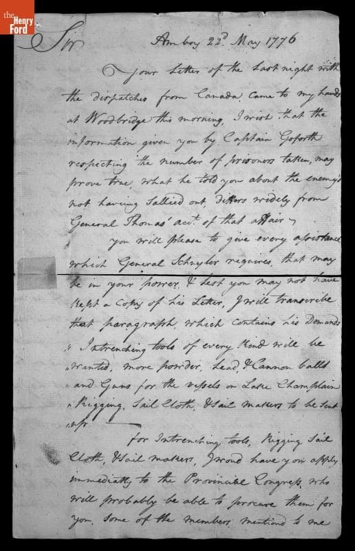 Letter from George Washington to General Israel Putnam, 1776