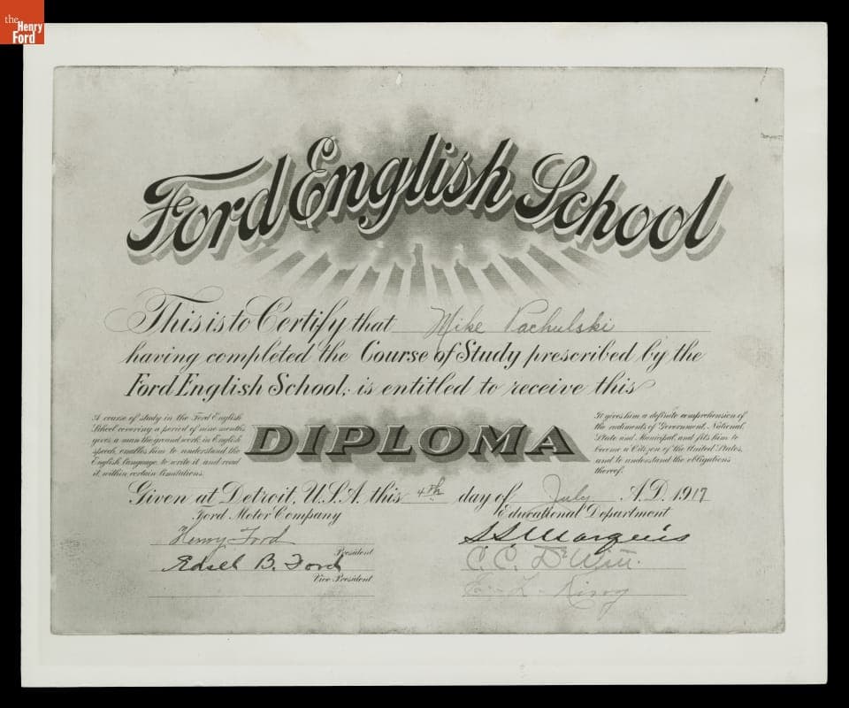 Ford English School Diploma for Mike Pachulski, July 4, 1917