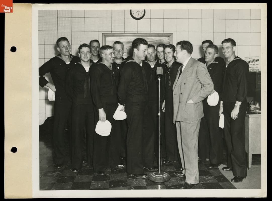 U.S. Navy Great Lakes Baseball Team at B-24 Radio Station Broadcast Studio, Willow Run Bomber Plant, 1944