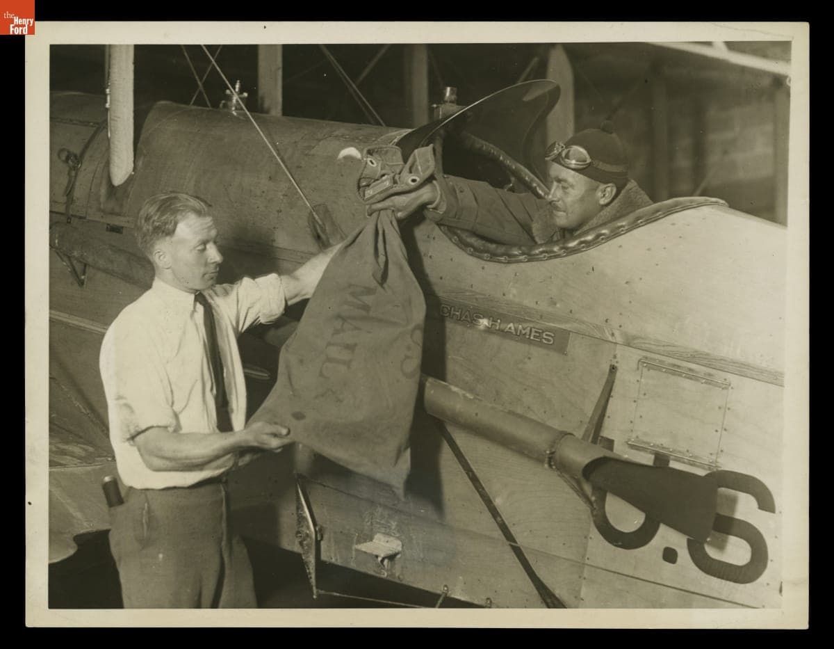 U.S. Air Mail Pilot Charles Ames Delivering First Overnight Mail Service, 1925