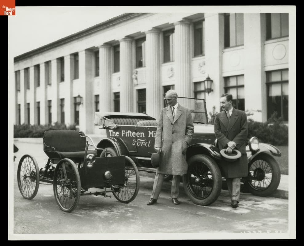Henry Ford and Edsel Ford with 15 Millionth Ford Model T and 1896 Quadricycle, May 26, 1927