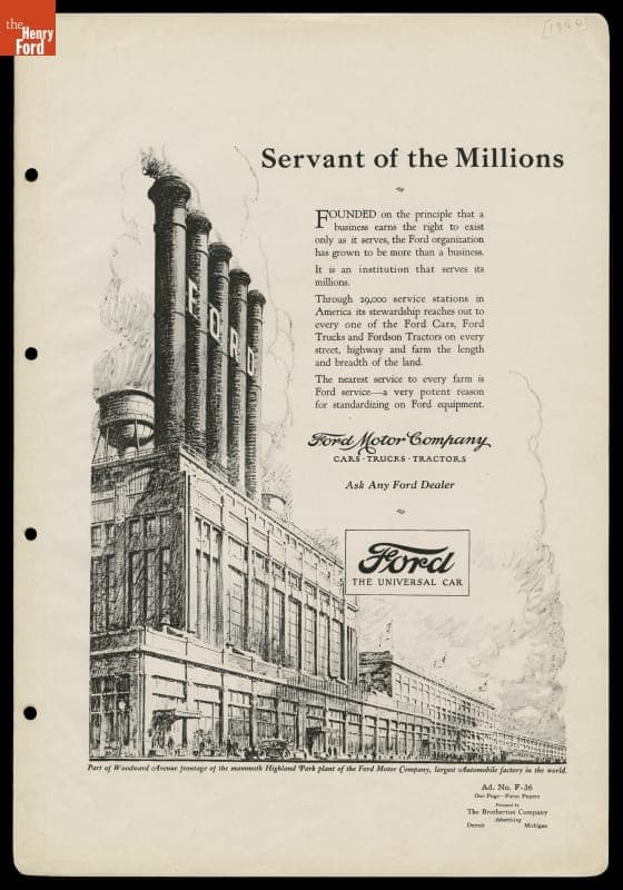 Ford Motor Company Institutional Message Advertising Campaign, "Servant of the Millions," 1924