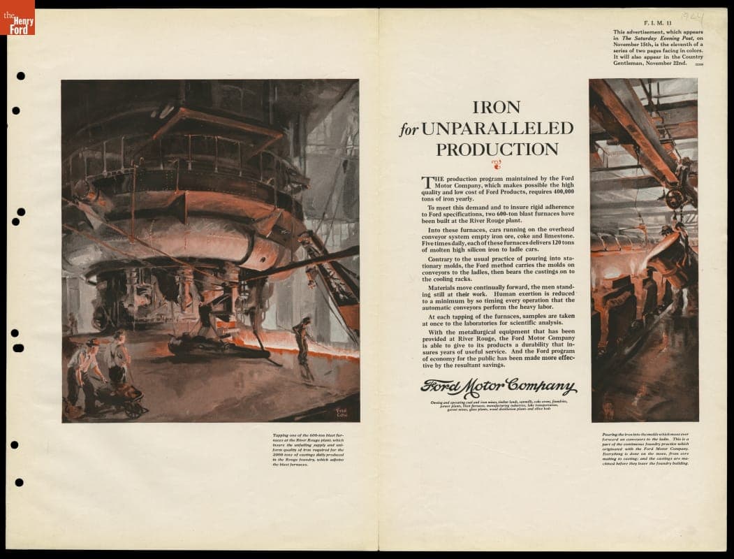 1924 Ford Motor Company Institutional Message Advertising Campaign, "Iron for Unparalleled Production"