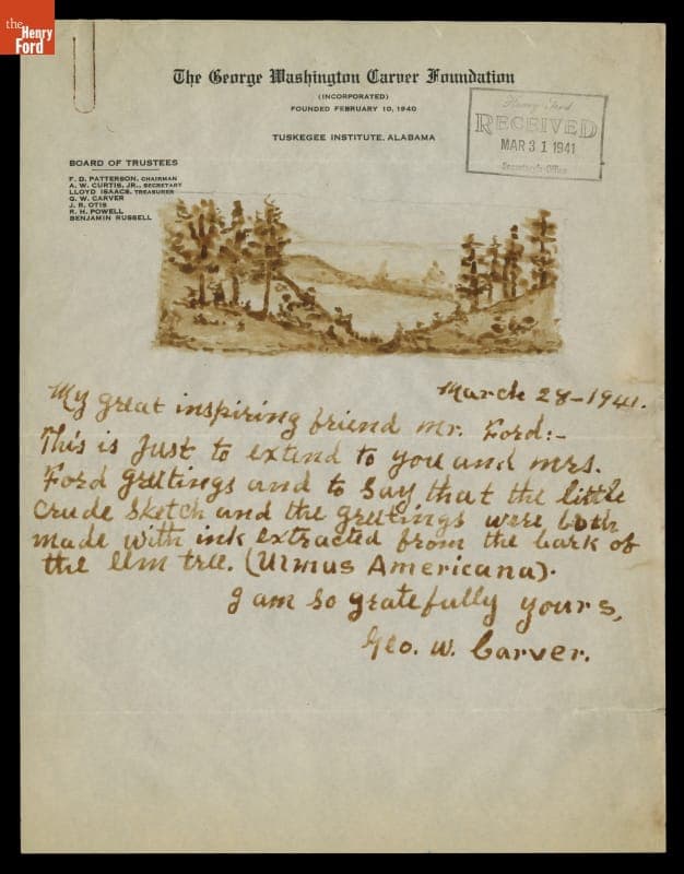Letter and Drawing by George Washington Carver Sent to Henry Ford, 1941