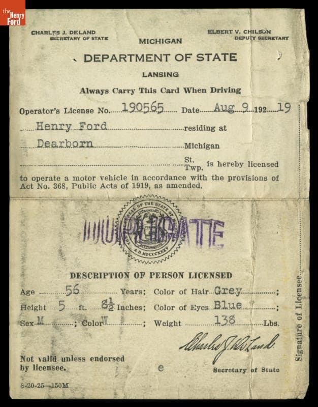 Michigan Driver's License Issued to Henry Ford, 1921