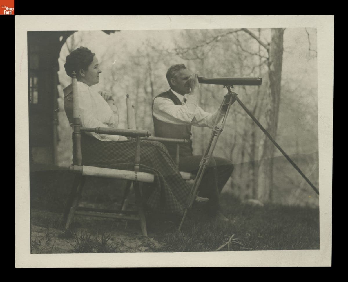 Clara Ford and Henry Ford Birdwatching at "The Bungalow," Dearborn, Michigan, 1910-1915