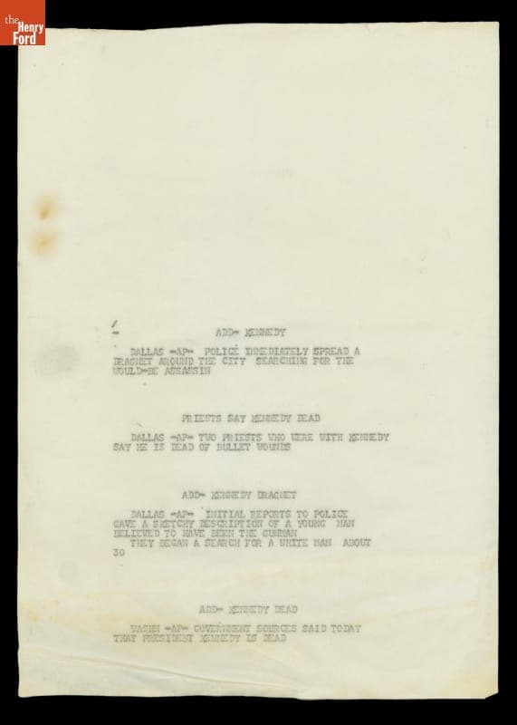 Teletype Message with Wire Service News Coverage of John F. Kennedy Assassination, November 22, 1963