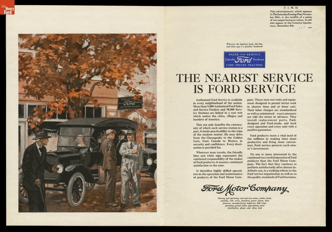 1924 Ford Motor Company Institutional Message Advertising Campaign, "The Nearest Service is Ford Service"