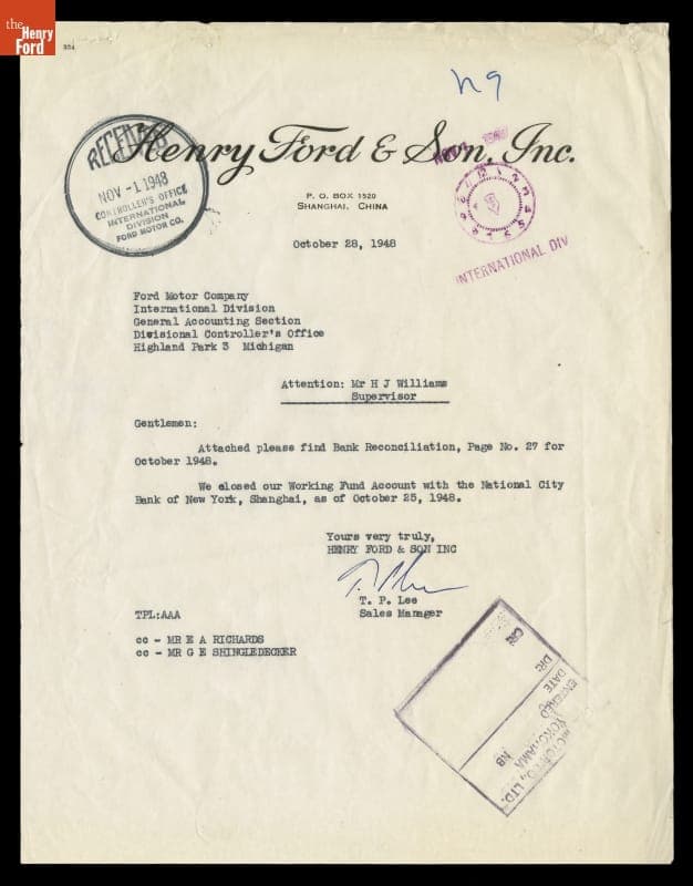 Letter from T. P. Lee with Bank Statement Closing the Ford Shanghai Branch, October 28, 1948