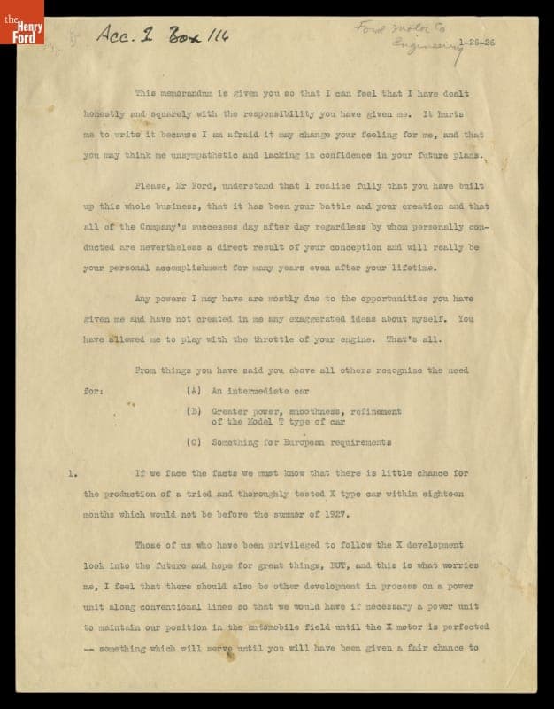 Memorandum from Ernest Kanzler to Henry Ford regarding Replacing the Model T, 1926