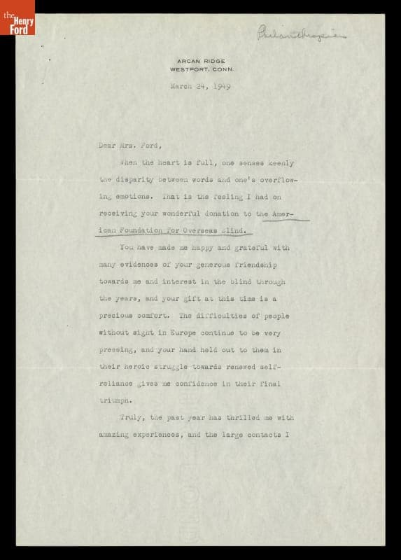 Letter from Helen Keller to Clara Ford, 1949