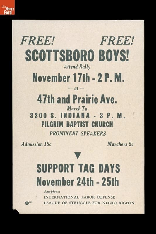Handbill for a Rally in Support of the Scottsboro Boys, Pilgrim Baptist Church, Chicago, Illinois, November 17, 1933