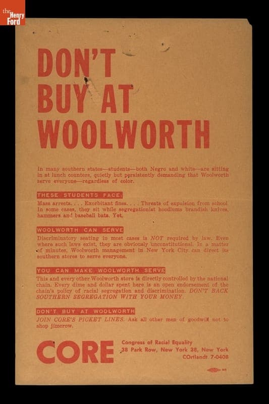 Congress of Racial Equality Handbill, "Don't Buy at Woolworth," 1960