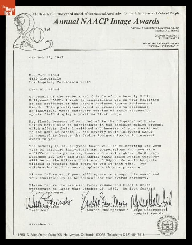 Letter to Curt Flood Announcing His NAACP Jackie Robinson Sports Achievement Award, 1987