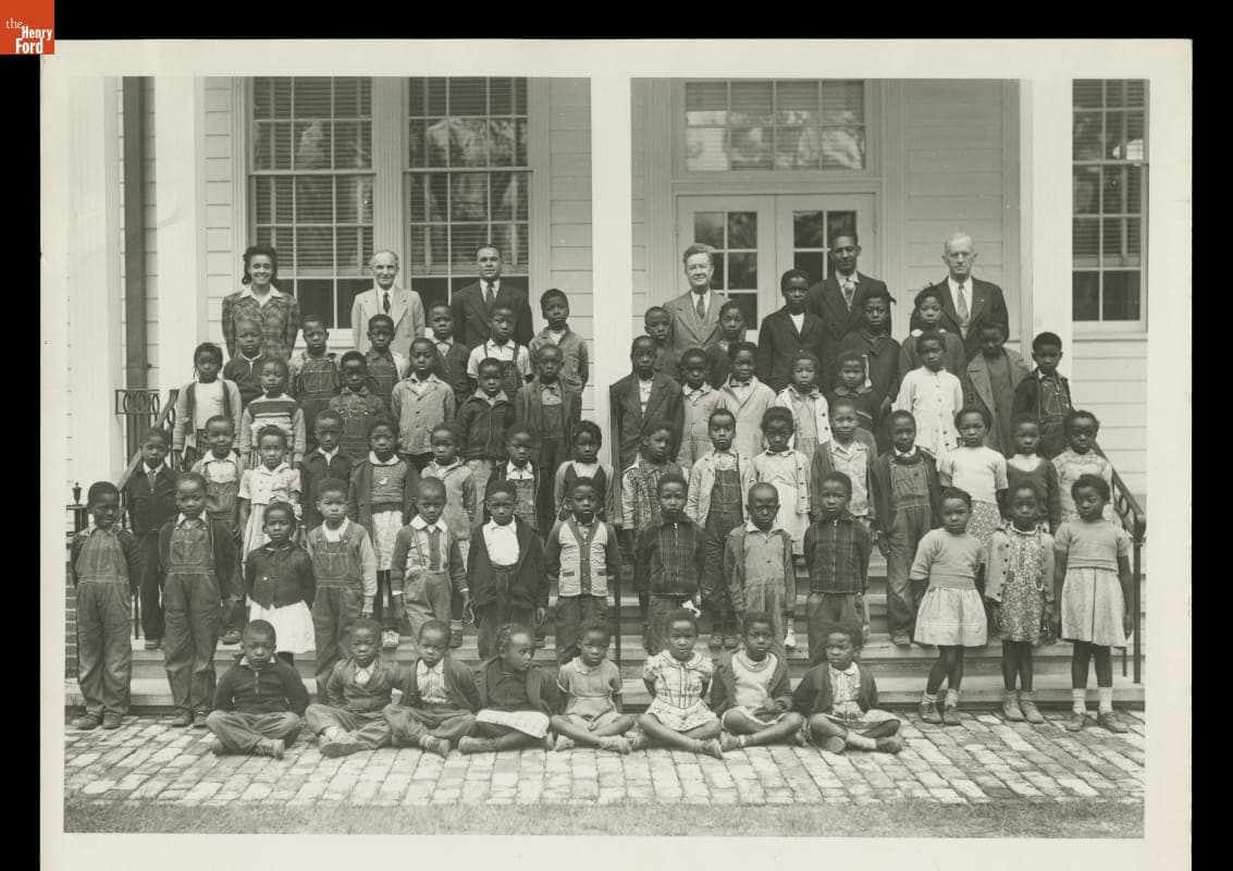 Henry Ford and Frank Campsall with Students and Faculty at George Washington Carver School, Richmond Hill, Georgia, circa 1940