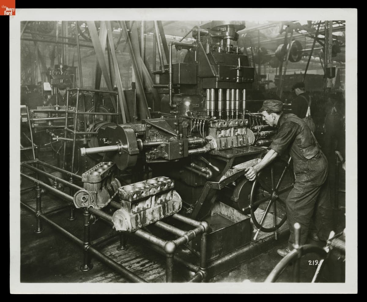 Foote-Burt Machine Boring Holes in Model T Motor Block, Ford Highland Park Plant, circa 1914