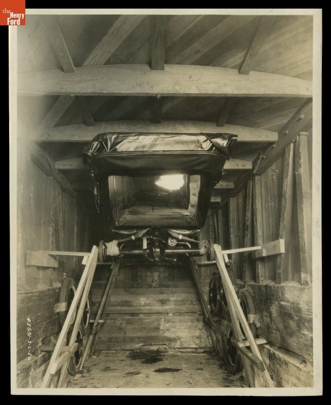 Ford Model T Loaded into Boxcar for Shipment, 1926