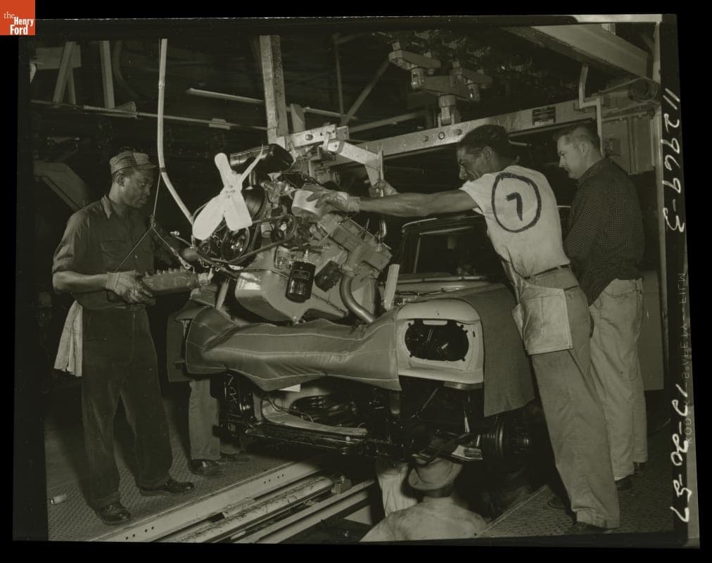 Workers Dropping Engine into 1958 Ford Thunderbird Body on Assembly Line, 1957