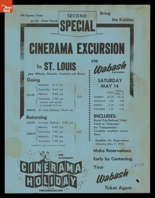 Handbill and Schedule for Wabash Railroad Company, "Cinerama Excursion to St. Louis Via Wabash," Missouri, 1955