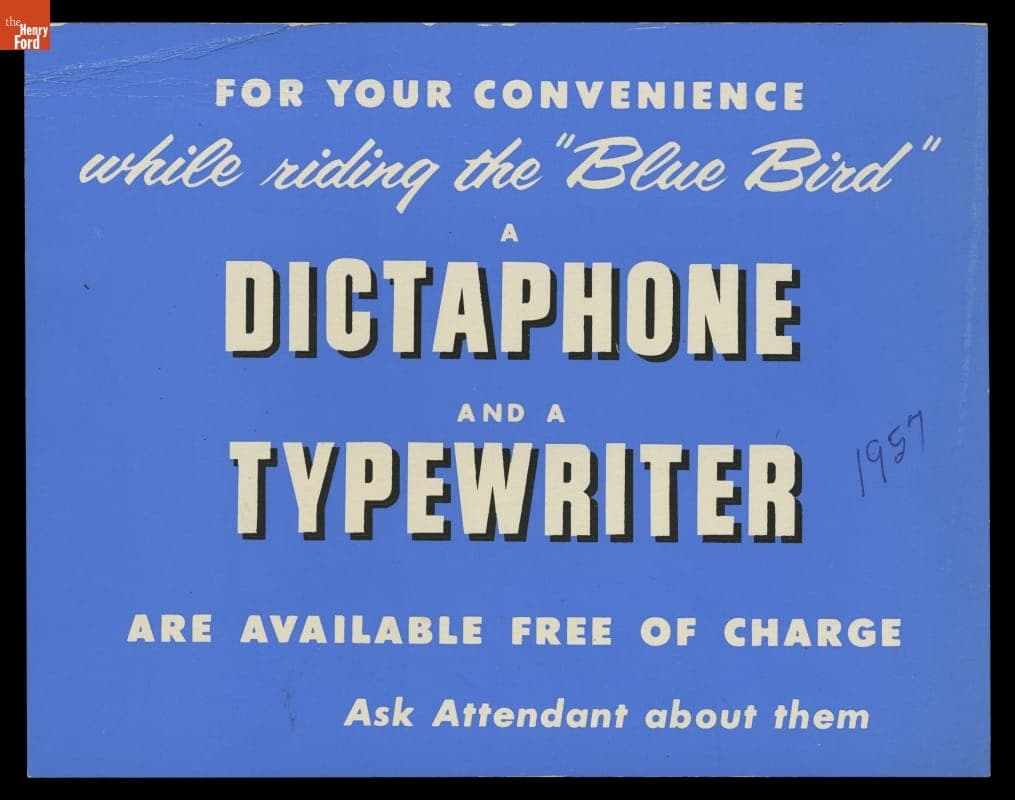 Informational Sign about Dictaphone and Typewriter Availability on the Wabash Railroad Company Streamliner "Blue Bird," 1957