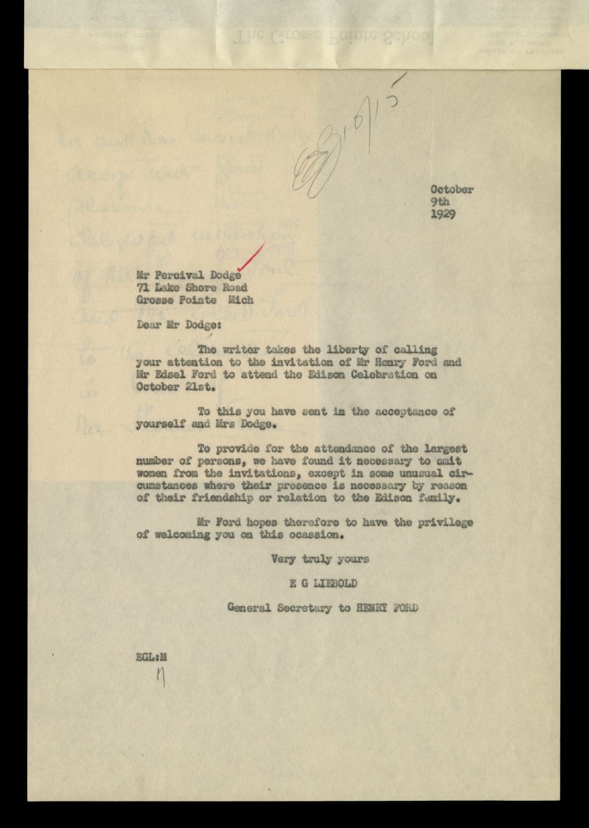 Letter from Ernest Liebold to Percival Dodge regarding Invitation to Light's Golden Jubilee, October 9, 1929