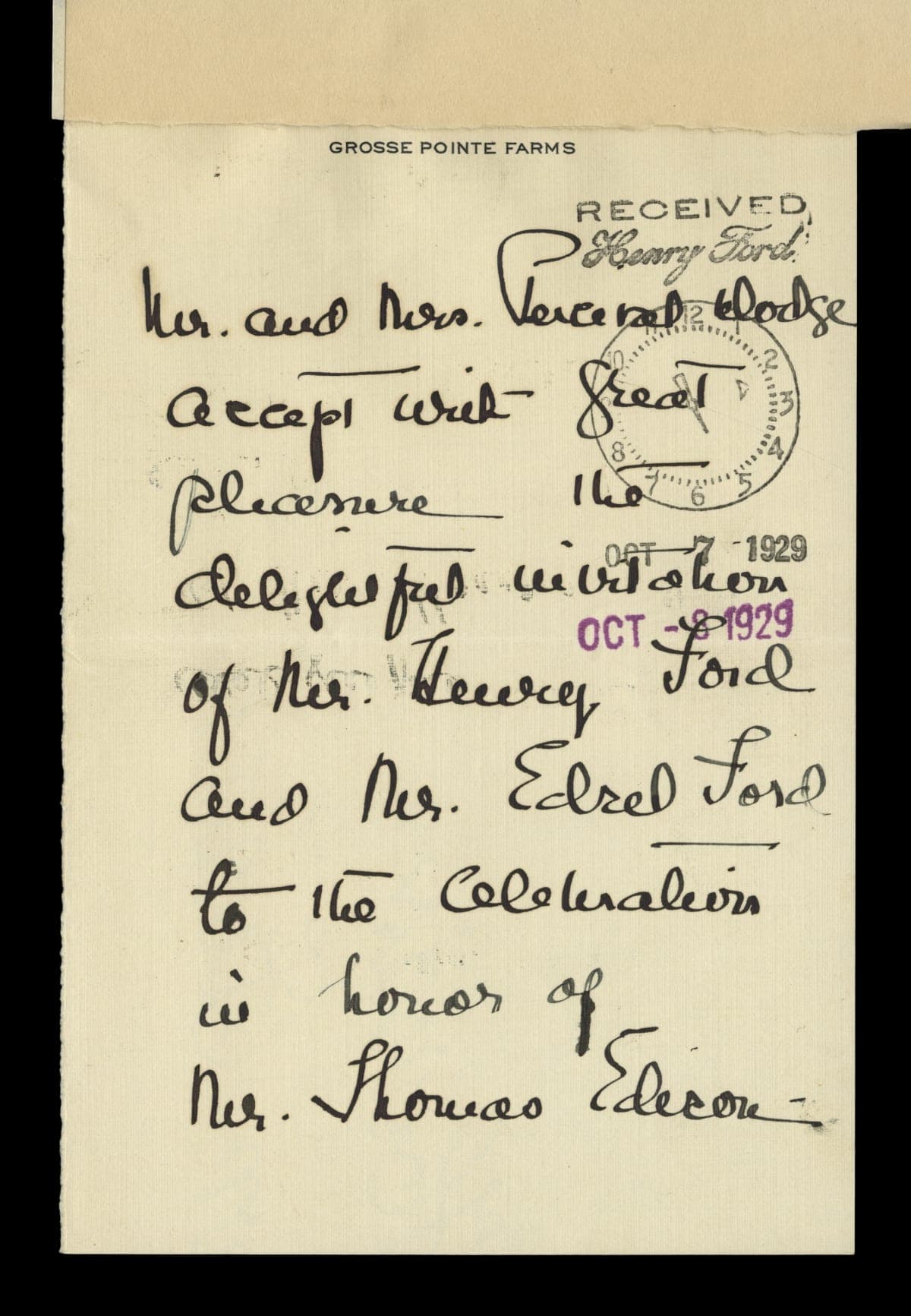 Note from Percival Dodge Accepting Invitation to Light's Golden Jubilee, October 7, 1929