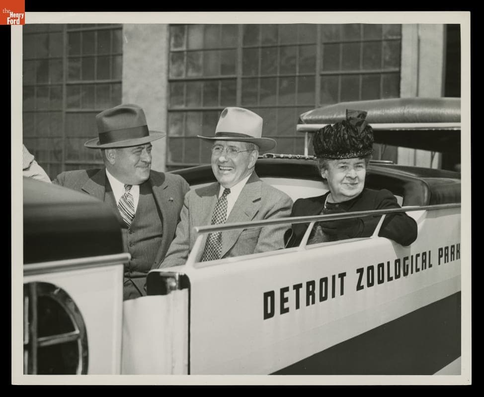 Clara Ford Riding with K. T. Keller and Unidentified Man at Detroit Zoo, 1949