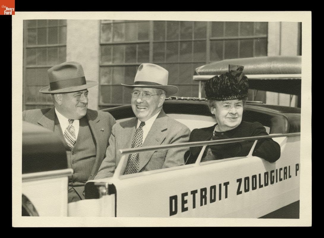 Clara Ford Riding with K. T. Keller and Unidentified Man at Detroit Zoo, 1949