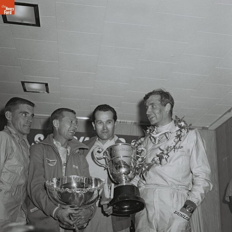 Dave Macdonald, Bob Holbert, Umberto Maglioli and Mike Parkes at Awards Ceremony After the 12 Hours of Sebring Race, March 1964
