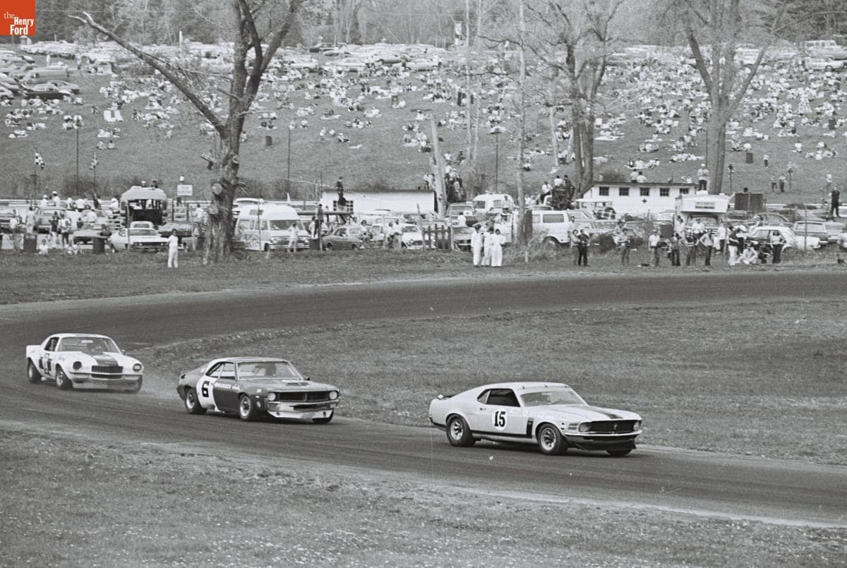 Ford Mustang, AMC Javelin, and Chevrolet Camaro in the Lime Rock Trans-Am Race, May 1970