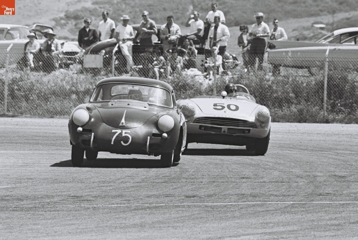 Porsche Driven by Miles Gupton and Sunbeam Alpine Driven by Ken Miles in the Del Mar Road Races, April 1962