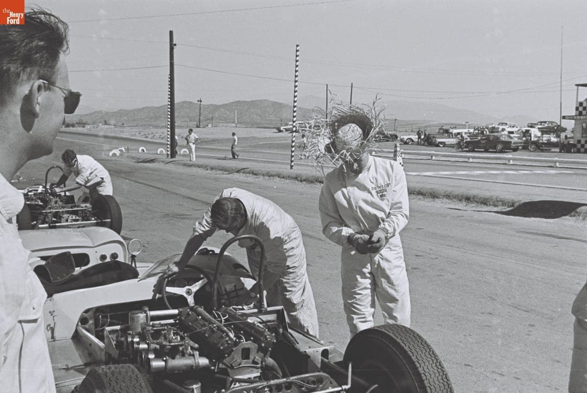 Preparing for the 4th Annual Grand Prix for Sports Cars, Riverside, California, October 1961