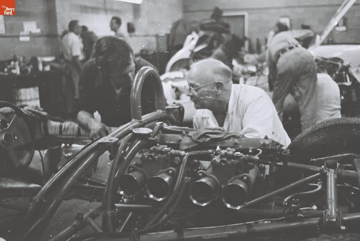 Preparing for the 4th Annual Grand Prix for Sports Cars, Riverside, California, October 1961