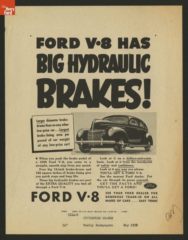 1939 Ford V-8 Advertisement, "Ford V-8 Has Big Hydraulic Brakes!"