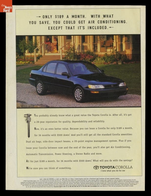 Toyota Corolla, "Only $189 a Month. With What You Save, You Could Get Air Conditioning," 1996