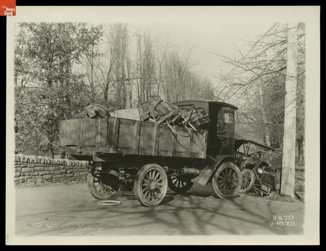 Autocar Truck and Ford Model T Car after an Accident, 1920