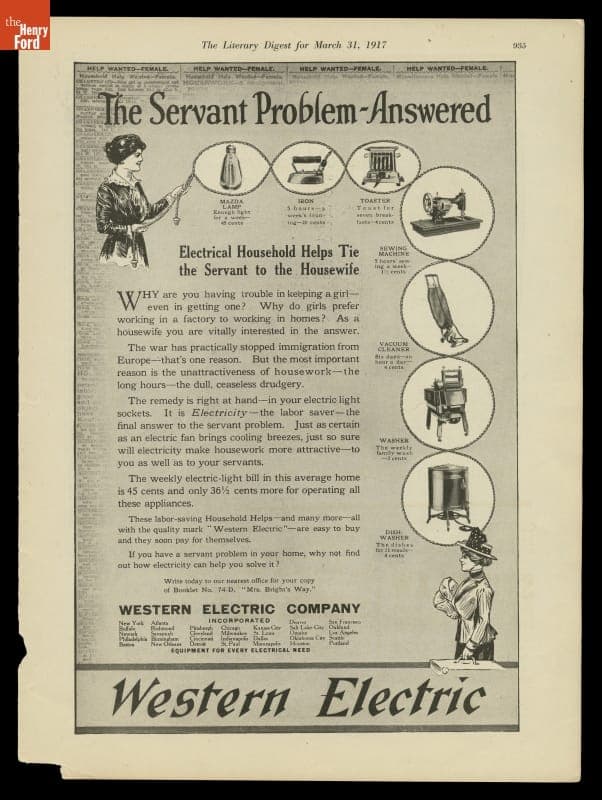 Western Electric Company Home Electrification Advertisement, 1917, "The Servant Problem Answered"