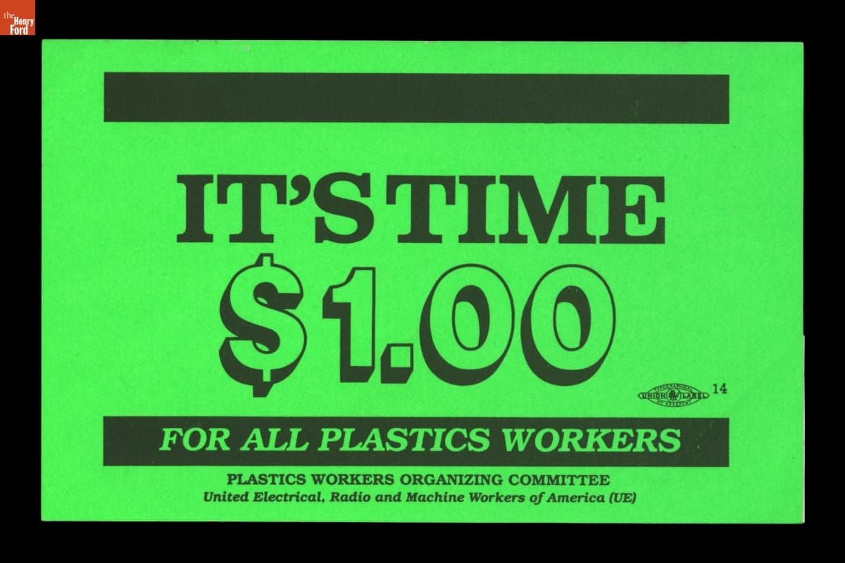 Union Recruiting Bumper Sticker, "It's Time, $1.00 for all Plastics Workers," 1990
