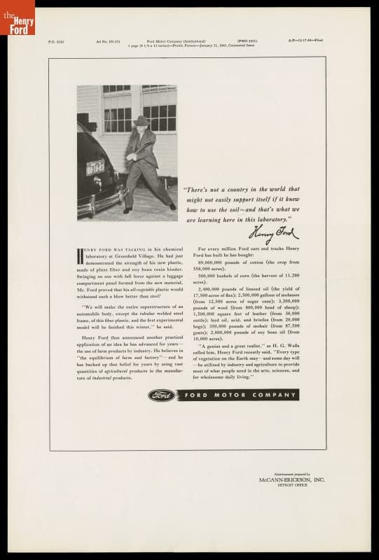 Ford Institutional Advertisement Announcing a New Soybean Plastic, 1941