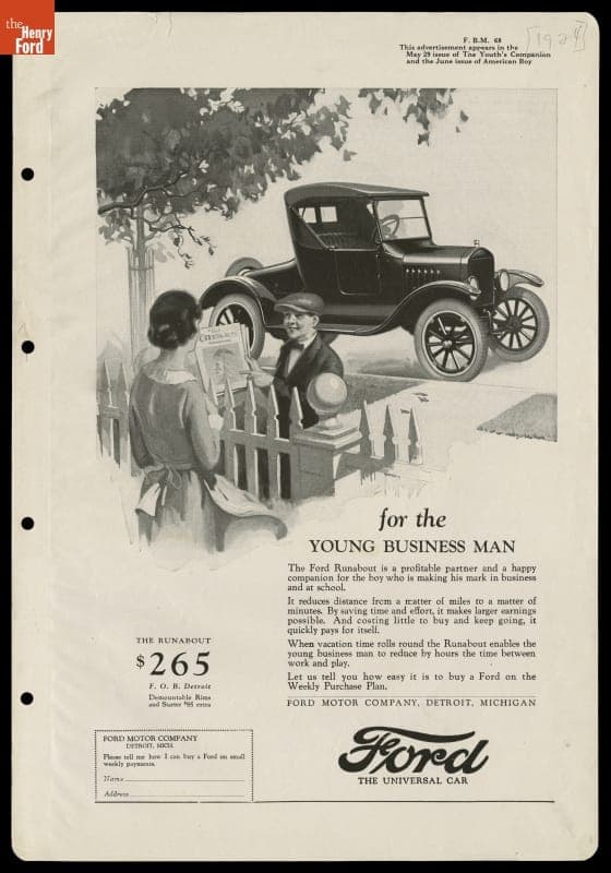 Advertisement for the Ford Model T Runabout, "For the Young Business Man," 1924