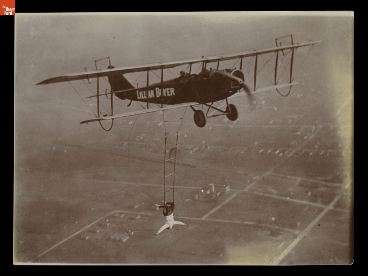 Lillian Boyer Performing Stunts with an Airplane in Flight, circa 1922