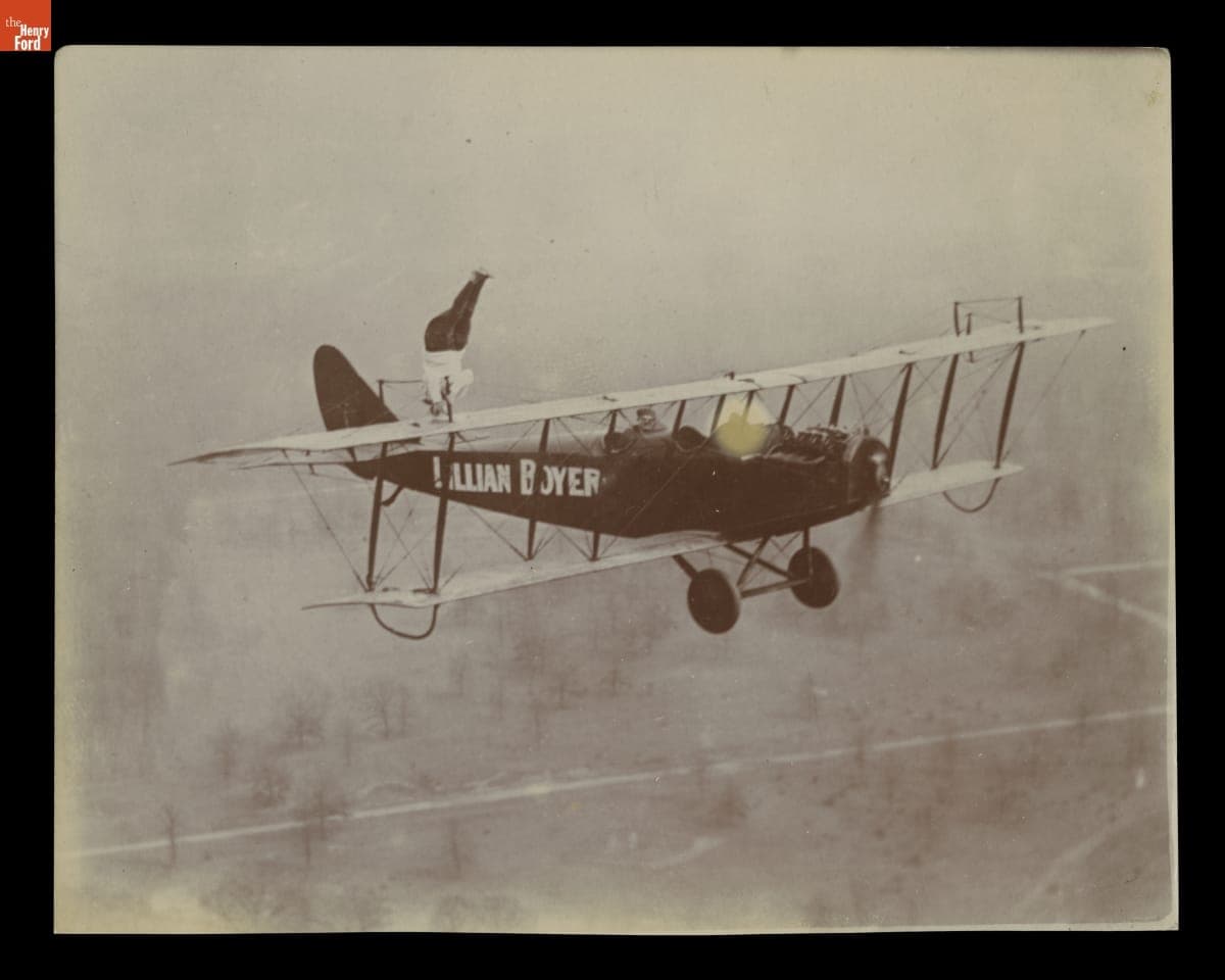 Lillian Boyer Performing Stunts on an Airplane in Flight, circa 1922