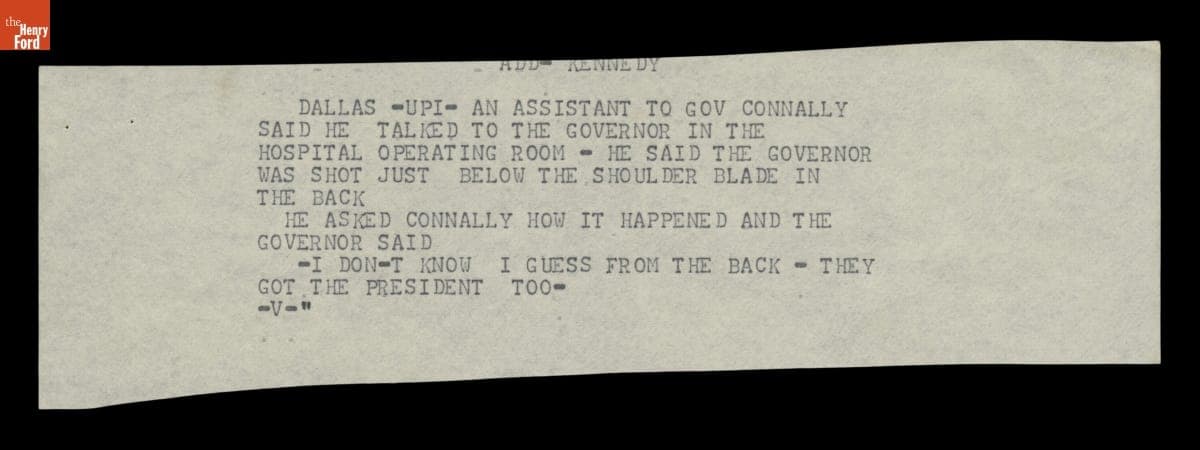 Teletype Message with Wire Service News Coverage of John F. Kennedy Assassination, November 22, 1963