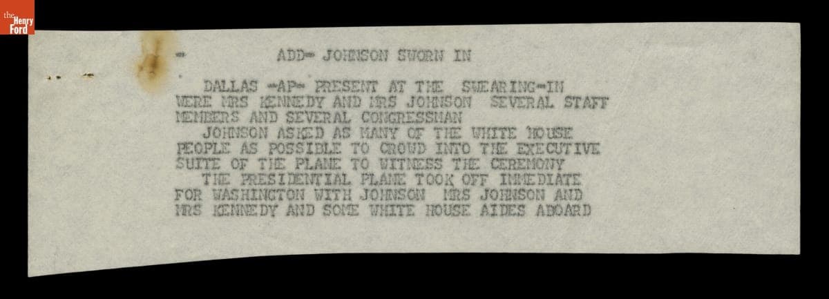 Teletype Message with Wire Service News Coverage of John F. Kennedy Assassination, November 22, 1963